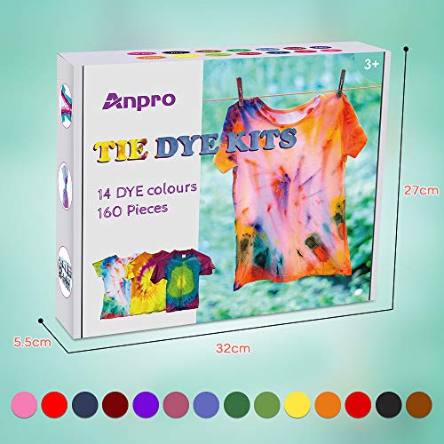 Anpro 160 PCS Tie Dye Kit,14 Colores Tintes Textiles Brillantes Tie Dye,100 ML * 14 Botella, Adecuado para Arte de Bricolaje Tie-Dye para Niños y Adultos