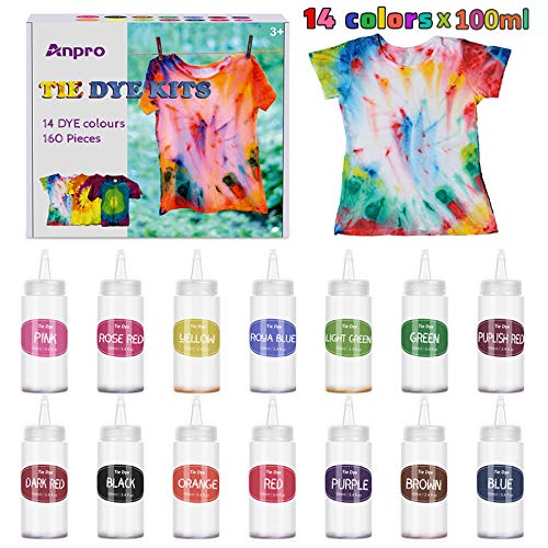 Anpro 160 PCS Tie Dye Kit,14 Colores Tintes Textiles Brillantes Tie Dye,100 ML * 14 Botella, Adecuado para Arte de Bricolaje Tie-Dye para Niños y Adultos