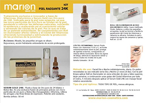 ANTIARRUGAS GOLD 24k + Vitaminas C-F-D-E + Roll On Hialuronico. KIT PIEL RADIANTE contra el envejecimiento. Tratamiento Facial Anti-oxidante Iluminador, Reduce líneas de Expresión y Arrugas Faciales.