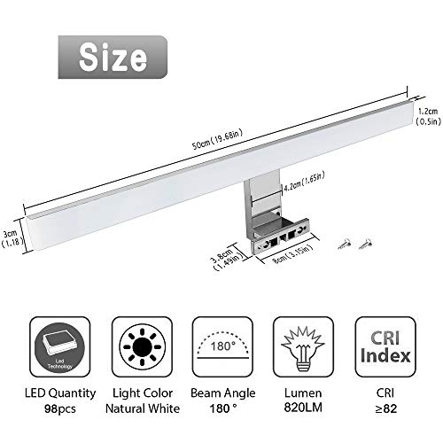 Aourow Lámpara de Espejo Baño 10W 820lm 50cm,Luz Espejo Blanco Neutro 4000K,Impermeable IP44 230V,3 en 1 Espejo+Armario+Pared,Contra Niebla Acero Inoxidable,Aplique de Baño,500mm