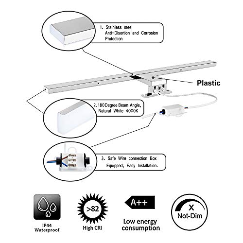 Aourow Lámpara de Espejo Baño 10W 820lm 50cm,Luz Espejo Blanco Neutro 4000K,Impermeable IP44 230V,3 en 1 Espejo+Armario+Pared,Contra Niebla Acero Inoxidable,Aplique de Baño,500mm