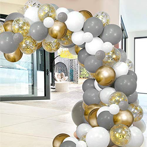 Arco de Globos Dorados Blancos Grises SKYIOL Kit Guirnaldas 100 Helio Confeti Metalizados Látex Globos con 5m Arco Puntos Adhesivos para Niña Cumpleaños Boda Comunion Baby Shower Fiesta Decoración