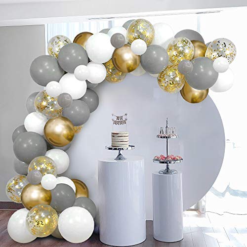 Arco de Globos Dorados Blancos Grises SKYIOL Kit Guirnaldas 100 Helio Confeti Metalizados Látex Globos con 5m Arco Puntos Adhesivos para Niña Cumpleaños Boda Comunion Baby Shower Fiesta Decoración