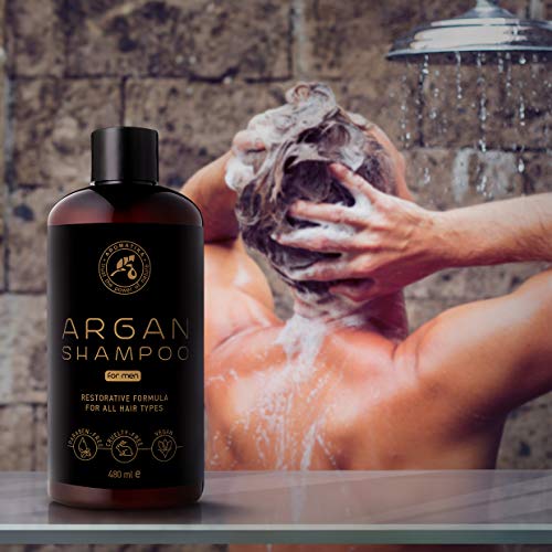 Argan Oil Champu para Hombres 480ml - Shampoo con Aceite de Argán Natural y Extractos de Hierbas - para Todo Tipo de Cabello - Fórmula Reparadora Especial para Hombres - Cuidado del Cabello