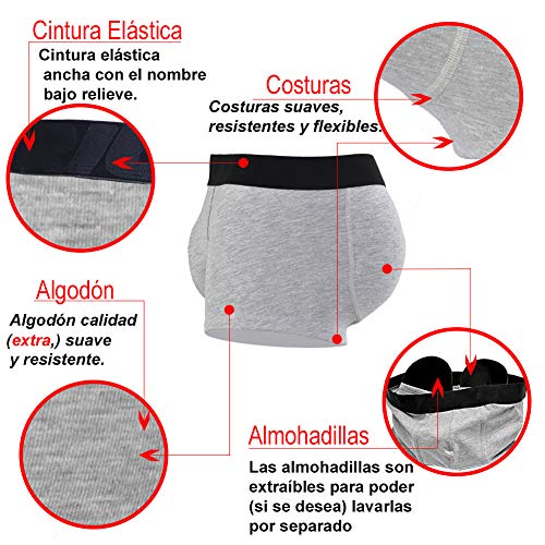 ARIUS Calzoncillo Boxer con Relleno Trasero para Aumentar el Volumen y tamaño de glúteos y Levantar en Color Gris - Push up y Relleno de Nalgas - Men’s Padded Buttocks - Men's Shapewear (L)