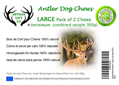 ARTISAN GIFT CO Mordedor Ecológico para Perros de Asta de Ciervo 100% Natural – 2 unds. / Tamaño L/Peso 300 gr.+