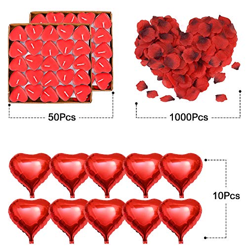 ASANMU Kit Romántico de Velas y Pétalos, 1000 Piezas Pétalos de Rosa + 50 Rojo Velas en Forma de Corazón + 10 Foil Globos Corazón Rojo Decoración para Bodas, San Valentín, Aniversarios y Compromiso