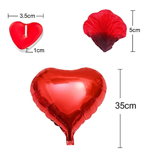 ASANMU Kit Romántico de Velas y Pétalos, 1000 Piezas Pétalos de Rosa + 50 Rojo Velas en Forma de Corazón + 10 Foil Globos Corazón Rojo Decoración para Bodas, San Valentín, Aniversarios y Compromiso