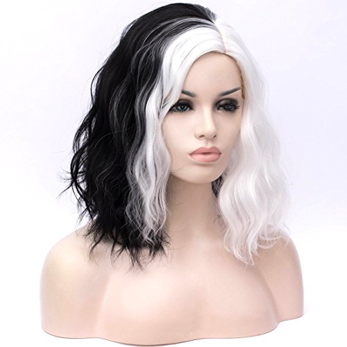 ATAYOU® Moda Corto Medio Negro Y Medio Blanco Sintético Pelucas Mujeres Para Cosplay Fiesta De Halloween Vestido De Lujo Con Un Gorro De Peluca Libre