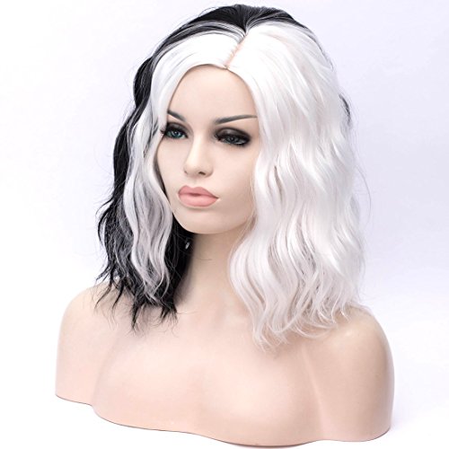 ATAYOU® Moda Corto Medio Negro Y Medio Blanco Sintético Pelucas Mujeres Para Cosplay Fiesta De Halloween Vestido De Lujo Con Un Gorro De Peluca Libre