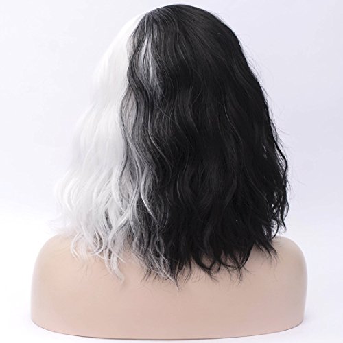 ATAYOU® Moda Corto Medio Negro Y Medio Blanco Sintético Pelucas Mujeres Para Cosplay Fiesta De Halloween Vestido De Lujo Con Un Gorro De Peluca Libre