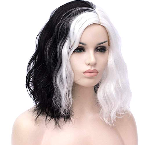 ATAYOU® Moda Corto Medio Negro Y Medio Blanco Sintético Pelucas Mujeres Para Cosplay Fiesta De Halloween Vestido De Lujo Con Un Gorro De Peluca Libre