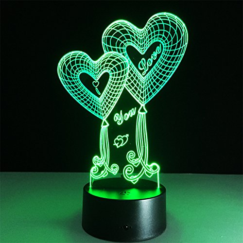 ATD® Doble globo Corazón TE AMO ilusión óptica 3D botón táctil 7 que cambia de color LED luz de la noche lámpara de escritorio, regalo romántico para el amante, esposa, novio o novia