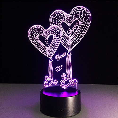 ATD® Doble globo Corazón TE AMO ilusión óptica 3D botón táctil 7 que cambia de color LED luz de la noche lámpara de escritorio, regalo romántico para el amante, esposa, novio o novia