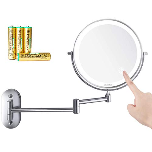 Auxmir Espejo Maquillaje con Luz LED Aumento 1X/10X Espejo Cosmético Iluminoso de Doble Cara con Pilas, 360 Rotación, Luces Ajustables Extensible de Pared para Baño, Tocador, Hotel, Plata