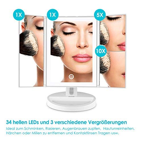 Auxmir Espejo Maquillaje con Luz LED de Mesa con Espejo Aumento de 10X, 180 ° de Rotación, con Pantalla Táctil, LED con Iluminación Natural, para Maquillaje, Afeitado y Cuidado Facial, Blanco