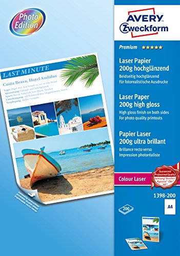 Avery España 1398-200 - Pack de 200 folios de papel fotográfico para impresoras láser, 210 x 297 mm, color blanco