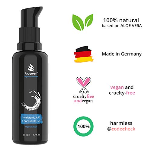 AYUGREEN Sérum de Ácido Hialurónico Bio, Alta Dosis 50 ml, Vegano - Suero Hidratante Facial con Áloe Vera Antimanchas y Antiarrugas para Cara, Cuello, Escote - Cosmética Natural Hecha en Alemania