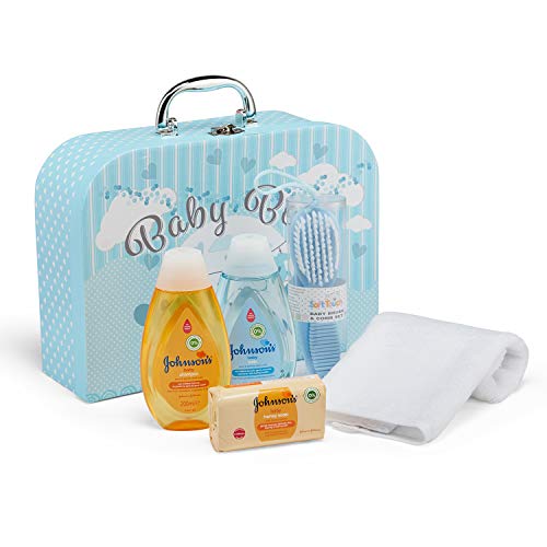 Baby Box Shop - Cesta regalo bebé niño para baby shower con todo lo esencial para bebes recién nacidos con osito de peluche y caja de recuerdos azul