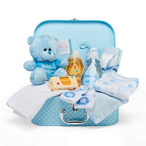 Baby Box Shop - Cesta regalo bebé niño para baby shower con todo lo esencial para bebes recién nacidos con osito de peluche y caja de recuerdos azul