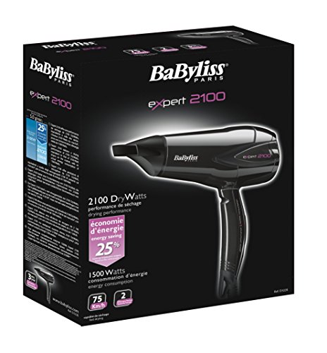 BaByliss Expert - Secador de pelo económico, 25% ahorro de energía, 2 temperaturas, aire frío, boquilla incluida, anilla de colgar, 2100 W, color negro