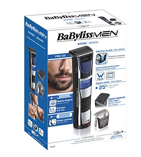 BaByliss T840E - Afeitadora y recortadora de barba, cuchillas resistentes de acero inoxidable, 60 minutos de autonomía, uso con y sin cable, negro