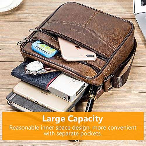 BAGZY Bolso de hombro de cuero para hombre Bolsa de mensajero Crossbody Cartera Bolso Mango superior Viajar Maletín Bolsa de negocios Bolso Bandolera de piel auténtica para la tableta Ipad Marrón