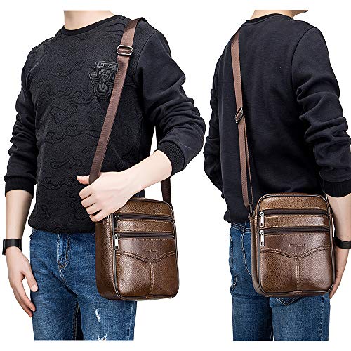 BAGZY Bolso de hombro de cuero para hombre Bolsa de mensajero Crossbody Cartera Bolso Mango superior Viajar Maletín Bolsa de negocios Bolso Bandolera de piel auténtica para la tableta Ipad Marrón