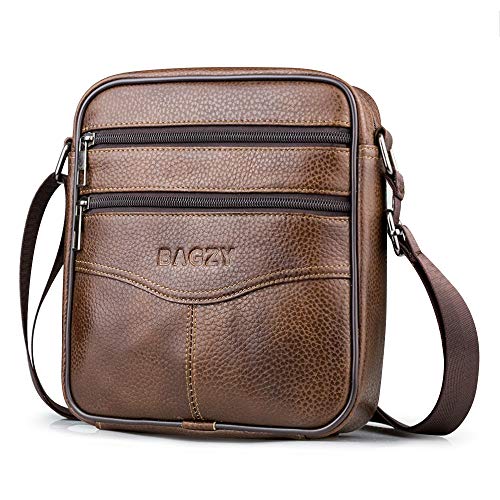 BAGZY Bolso de hombro de cuero para hombre Bolsa de mensajero Crossbody Cartera Bolso Mango superior Viajar Maletín Bolsa de negocios Bolso Bandolera de piel auténtica para la tableta Ipad Marrón