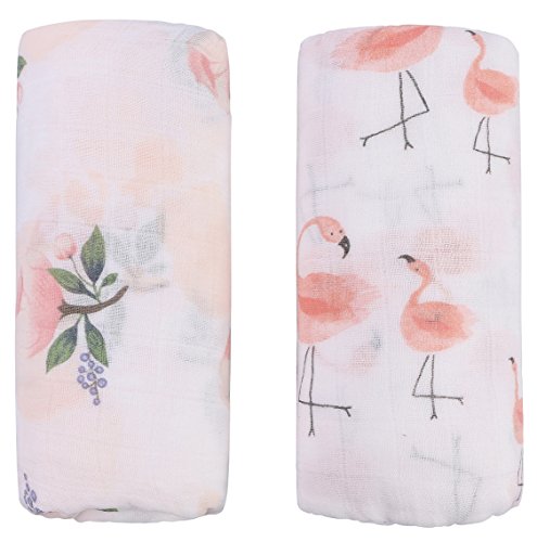 Bambou Couverture d'emmaillotage pour Bébé | (lot de 2, Floral & Flamingo) 120cm x 120cm Couverture Emmaillotage pour Bébé | Cadeau parfait pour bébé (Floral & Flamingo)