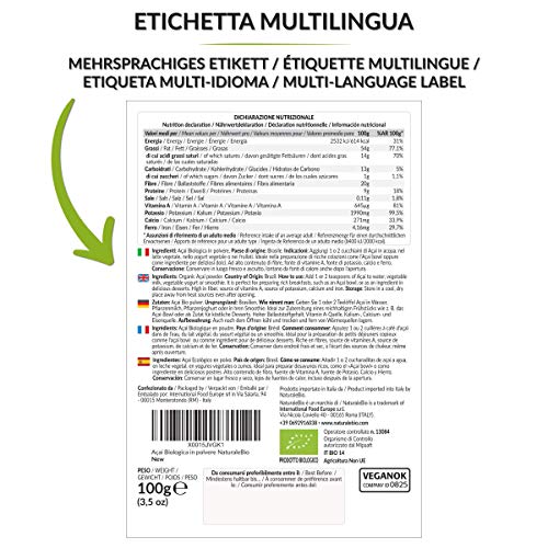 Bayas de Acai Orgánico en Polvo [Freeze - Dried] 100g. Pure Acaí Berry Powder Extracto crudo de la pulpa de la baya de açaí liofilizado. 100% Bio cultivado en Brasil. Superalimento Ecológico.