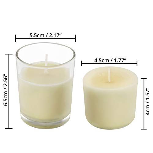 BELLE VOUS Velas en Vaso Cristal (Pack de 24) - Velas Blancas Votivas sin Aroma – 12 Horas Funcionamiento - Portavelas Cristal Transparente Velas de Cera Vertida a Mano – para Bodas, SPA, Hogar