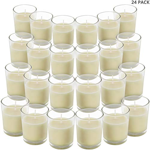 BELLE VOUS Velas en Vaso Cristal (Pack de 24) - Velas Blancas Votivas sin Aroma – 12 Horas Funcionamiento - Portavelas Cristal Transparente Velas de Cera Vertida a Mano – para Bodas, SPA, Hogar