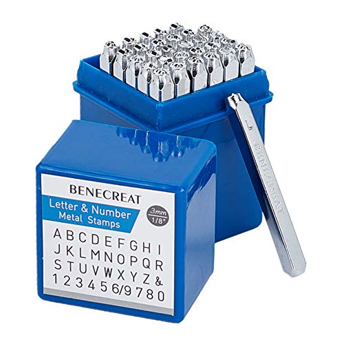 BENECREAT 36 Pack (3 mm 1/8") Sellos de Letras y números Herramientas Estampadas de Metal Perforado - Material de Acero de Carbono Duro Galvanizado para Perforación Metal, Joyería, Cuero