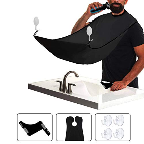 BeYself Barba Delantal con Peine de Afeitar Profesional, Babero para Barba con Ventosa - Dejen de Estorbar su Fregadero Capa para Afeitar Regalo para Hombre (Negro)