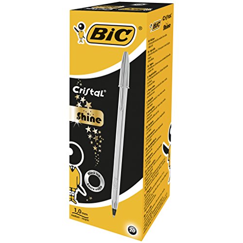 BIC Cristal Shine bolígrafos punta media (1,0 mm), Cuerpo Plateado, Caja de 20 unidades, Tinta Negra