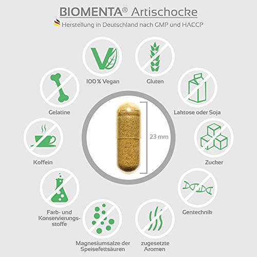 BIOMENTA Alcachofa + Enebro + Ortiga - con 1.500 mg de extracto de alcachofa, de los cuales 2.5% de cinarina - 180 cápsulas veganas de alcachofa - durante dos meses