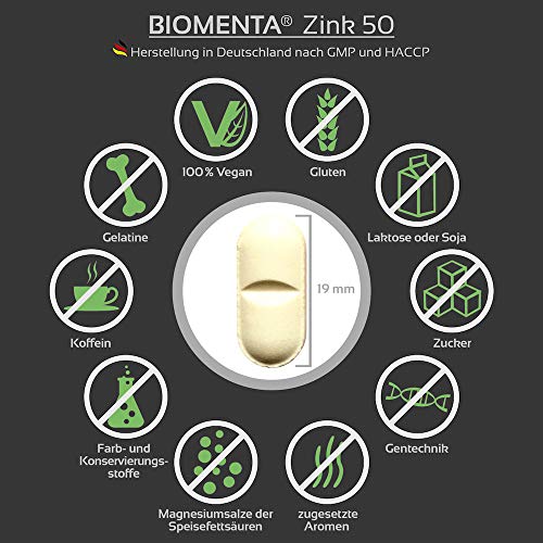 BIOMENTA ZINC 50 mg - 365 VEGAN Zinc Tablets - 25 mg Zinc cada ½ Tablet - Zink Bisglycinat