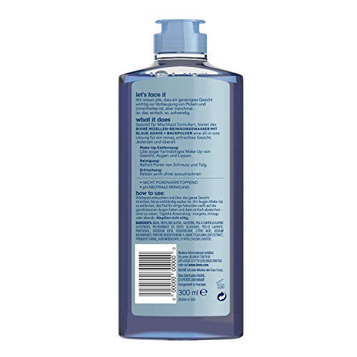 Bioré - Agua de limpieza micelar con Agave azul y polvo de horneado para piel mixta limpia los poros, 300 ml