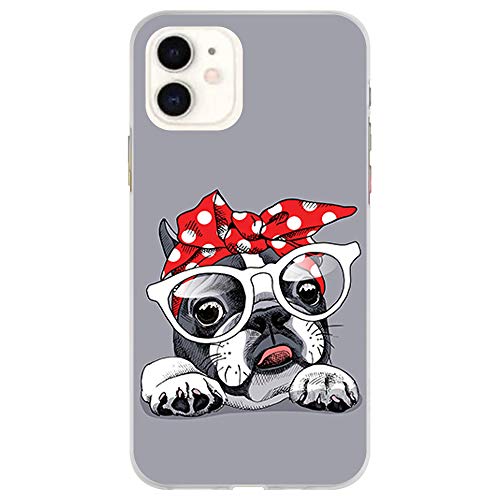 BJJ SHOP Funda Transparente para [ iPhone 11 ], Carcasa de Silicona Flexible TPU, diseño: Bulldog Frances con Gafas y Lacito