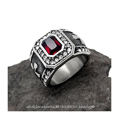 BOBIJOO JEWELRY - Anillo Anillo Anillo De Hombre Templarios Monárquico Católico De La Cruz Roja Rhinestone De Acero - 27 (12 US), Acero Inoxidable 316