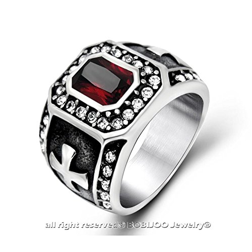 BOBIJOO JEWELRY - Anillo Anillo Anillo De Hombre Templarios Monárquico Católico De La Cruz Roja Rhinestone De Acero - 27 (12 US), Acero Inoxidable 316