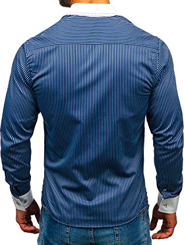 BOLF Hombre Camisa de Rayas De Manga Larga Cuello Italiano Camisa de Algodón Slim fit Estilo Casual 4784-A Azul Oscuro L [2B2]