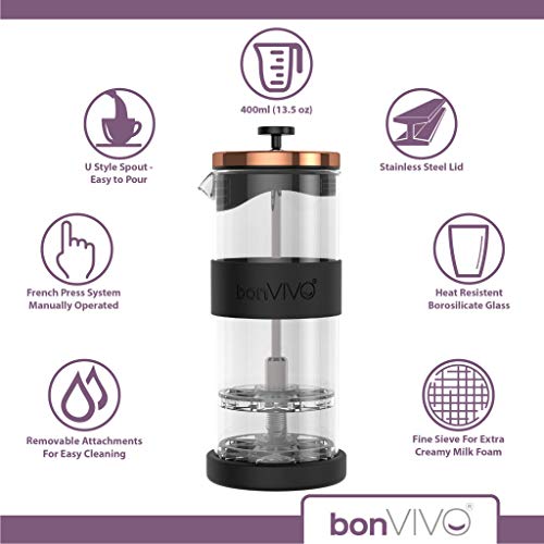 bonVIVO FOMO Espumador de Leche Manual De Acero Inoxidable de 400 ml, Batidora y Espumador para Capuchino De Cristal y Cafe, Emulsionador De Leche con Colador De Malla Fina