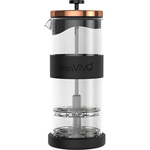 bonVIVO FOMO Espumador de Leche Manual De Acero Inoxidable de 400 ml, Batidora y Espumador para Capuchino De Cristal y Cafe, Emulsionador De Leche con Colador De Malla Fina