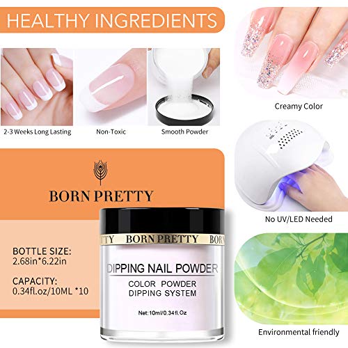 Born Pretty Dipping DIP polvere senza lampada cure nail art per unghie di immersione starter French manicure 10 colori set