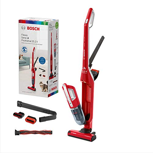 Bosch Flexxo Serie 4 BBH3ZOO25 Aspirador escoba 2 en 1, sin cable y de mano, autonomía de 55 minutos, especial animales con accesorios extra, color rojo