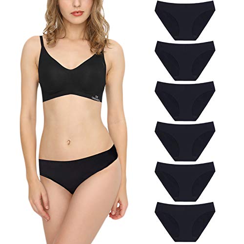 Bragas Mujer sin Costuras Invisible Señoras Braguitas Low Rise Suave Ligera Bikini Braguitas, Pack de 6 Negro XS