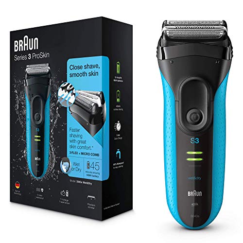 Braun Series 3 ProSkin 3040 s - Afeitadora Eléctrica Hombre, Afeitadora Barba Inalámbrica y Recargable, Wet&Dry, Color Negro y Azul