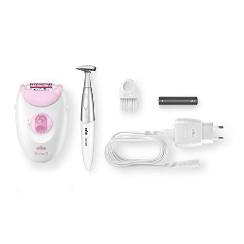 Braun Silk-épil 3 3-321 - Depiladora para mujer con rodillos de masaje y recortadora para la línea del bikini, blanco/rosa